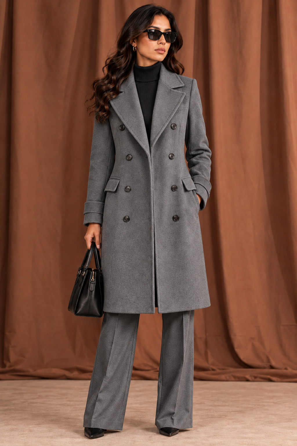 Women's Ash Grey Double-Breasted Tailored Long Coat - By FAMINSIDE
