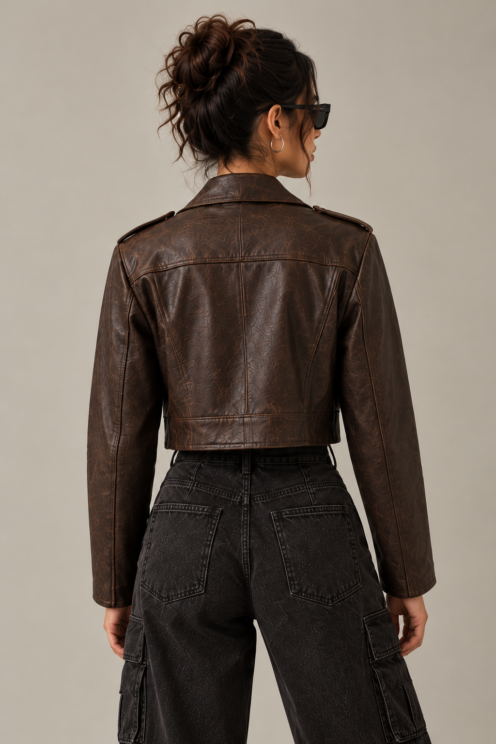 Women's Brown Textured Cropped Leather Biker Jacket - By FAMINSIDE ( Limited Edition )