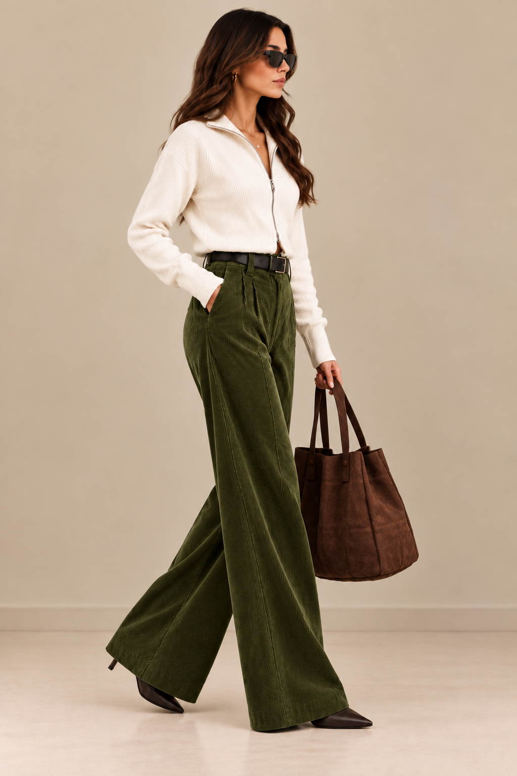 Women's High-Waist Wide-Leg Corduroy Trousers - By FAMINSIDE