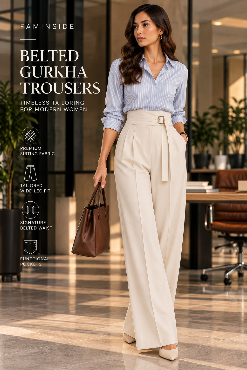 Women's Beige Belted Gurkha Wide-Leg Trousers - By FAMINSIDE