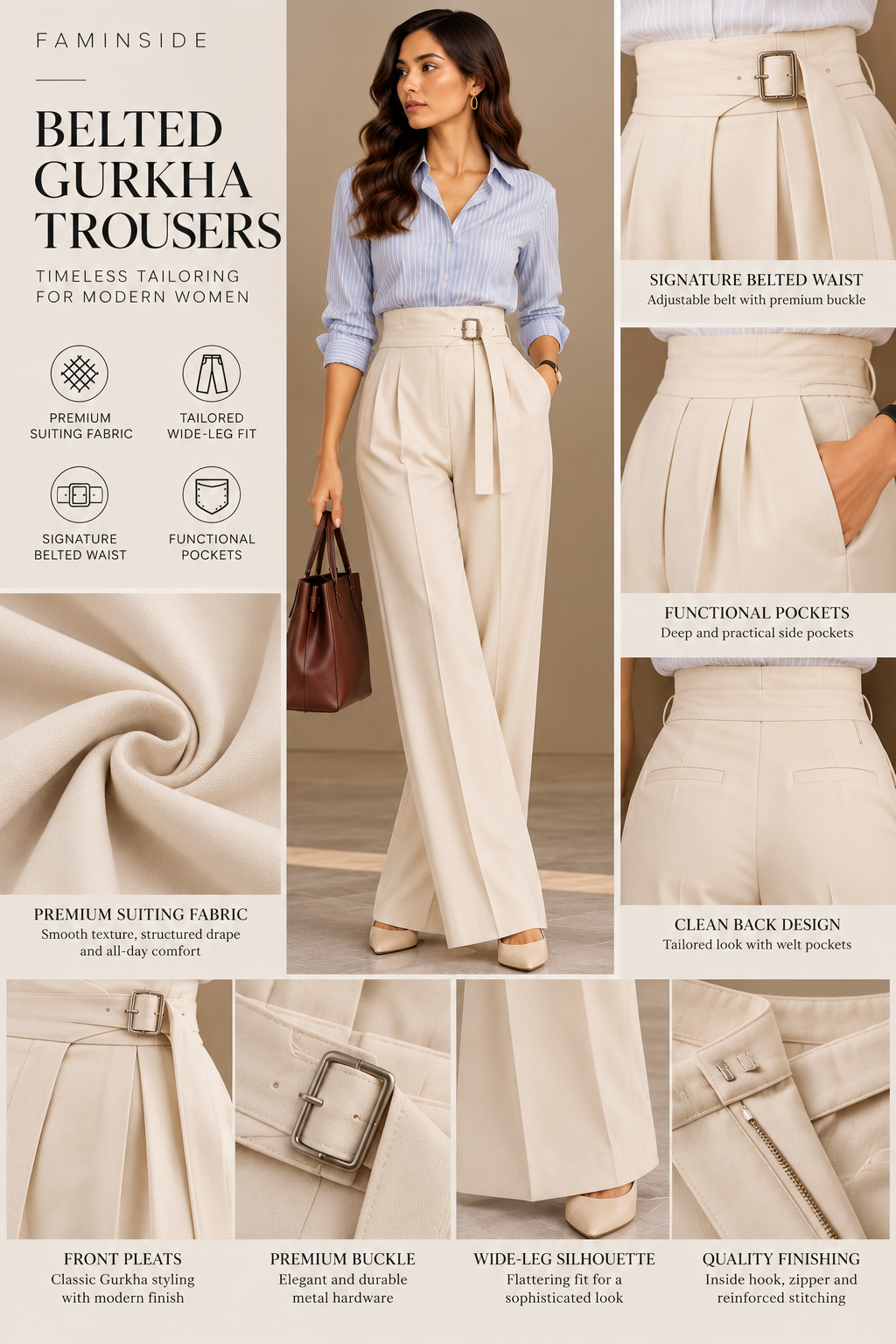 Women's Beige Belted Gurkha Wide-Leg Trousers - By FAMINSIDE