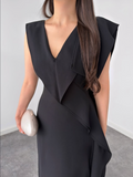 Black V-Neck Ruffle Wrap Maxi Dress By Faminside