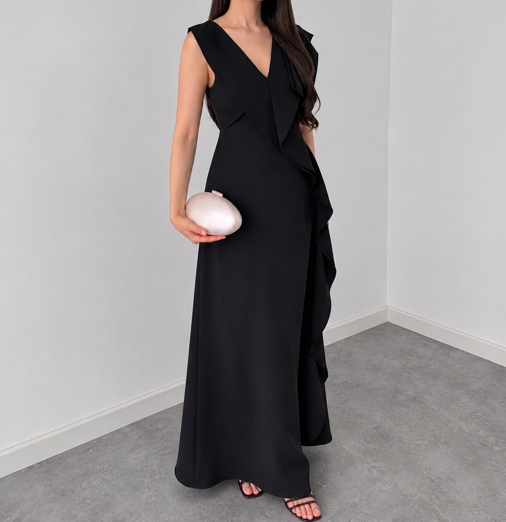 Black V-Neck Ruffle Wrap Maxi Dress By Faminside