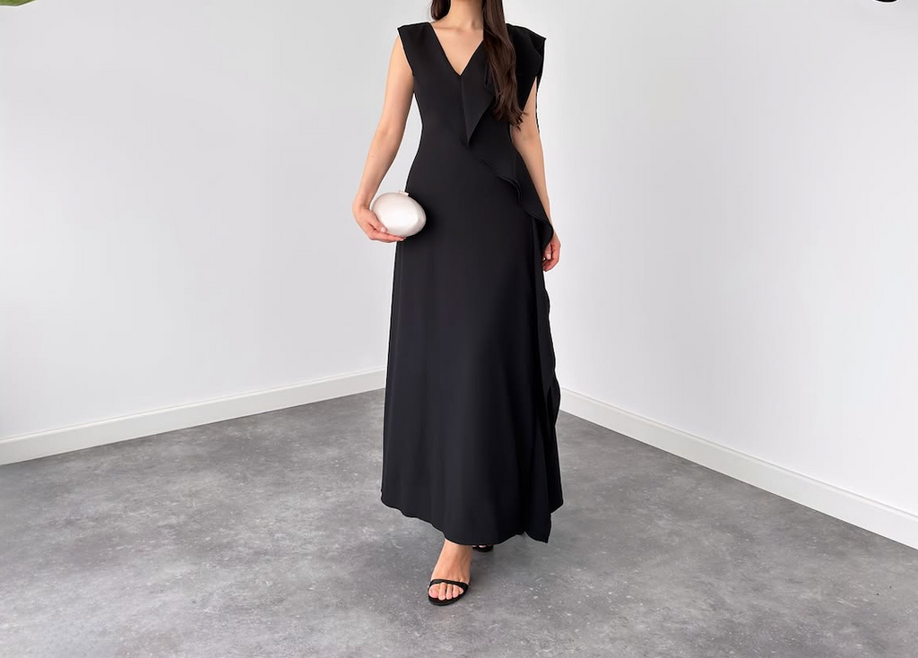 Black V-Neck Ruffle Wrap Maxi Dress By Faminside