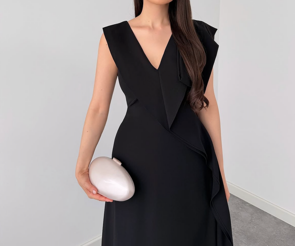 Black V-Neck Ruffle Wrap Maxi Dress By Faminside