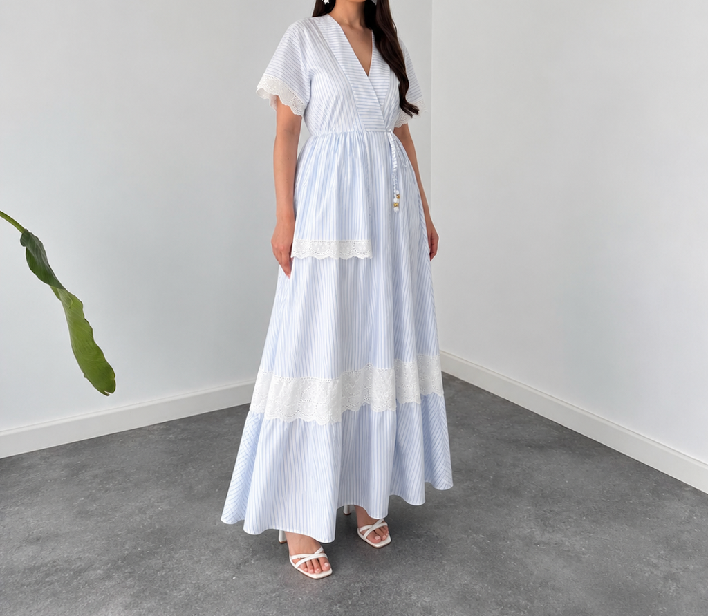 Blue & White Striped Lace-Trim Maxi Dress By Faminside