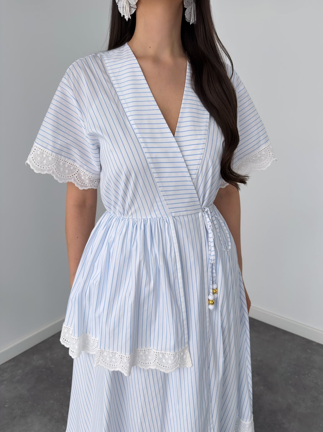 Blue & White Striped Lace-Trim Maxi Dress By Faminside