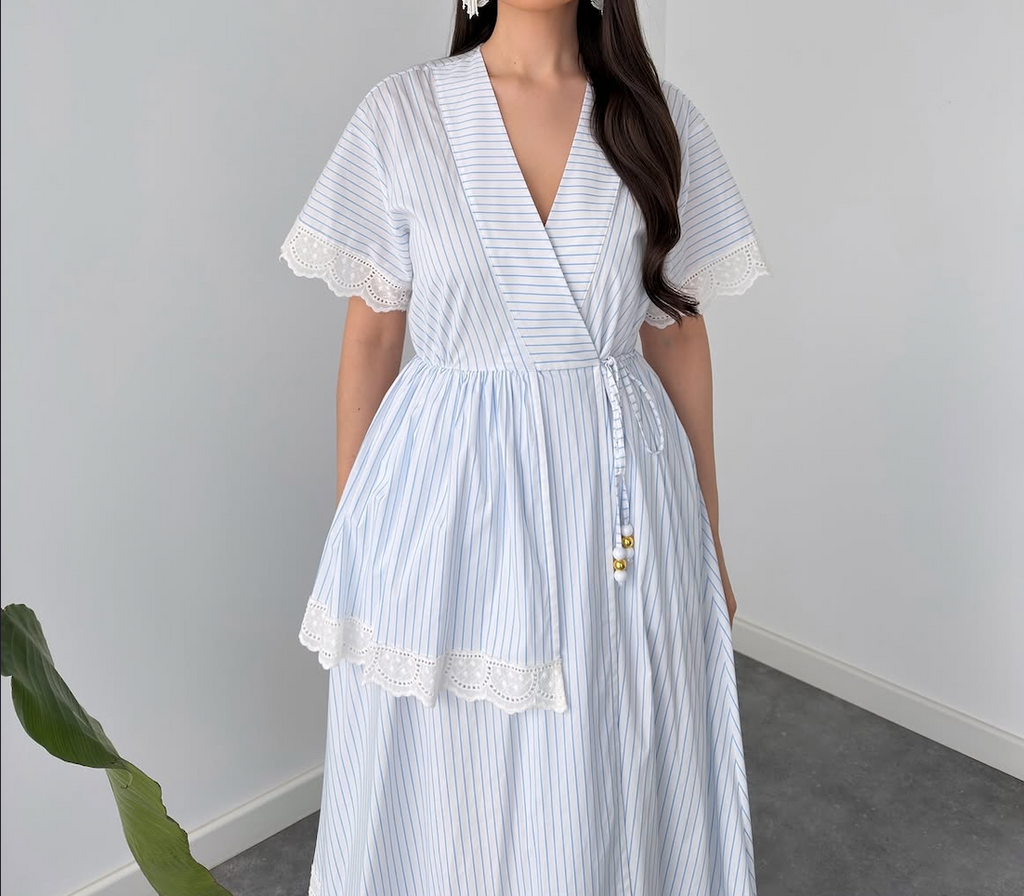 Blue & White Striped Lace-Trim Maxi Dress By Faminside