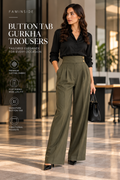 Women's Olive Green Button Tab Gurkha Wide-Leg Trousers - By FAMINSIDE