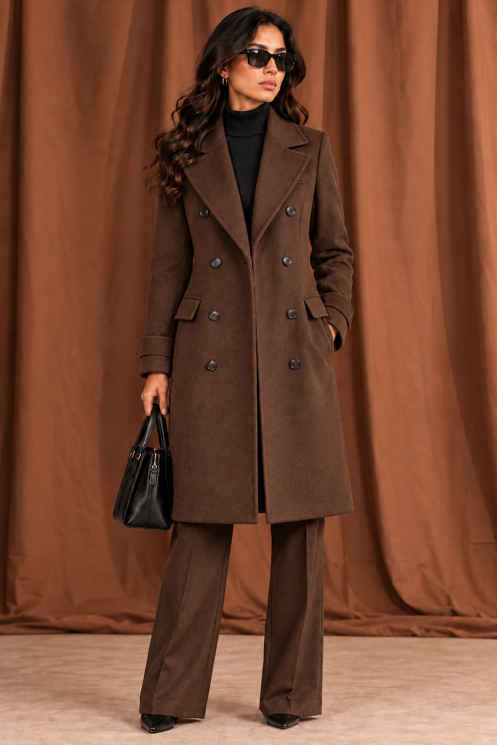Women's Chocolate Brown Double-Breasted Tailored Long Coat - By FAMINSIDE