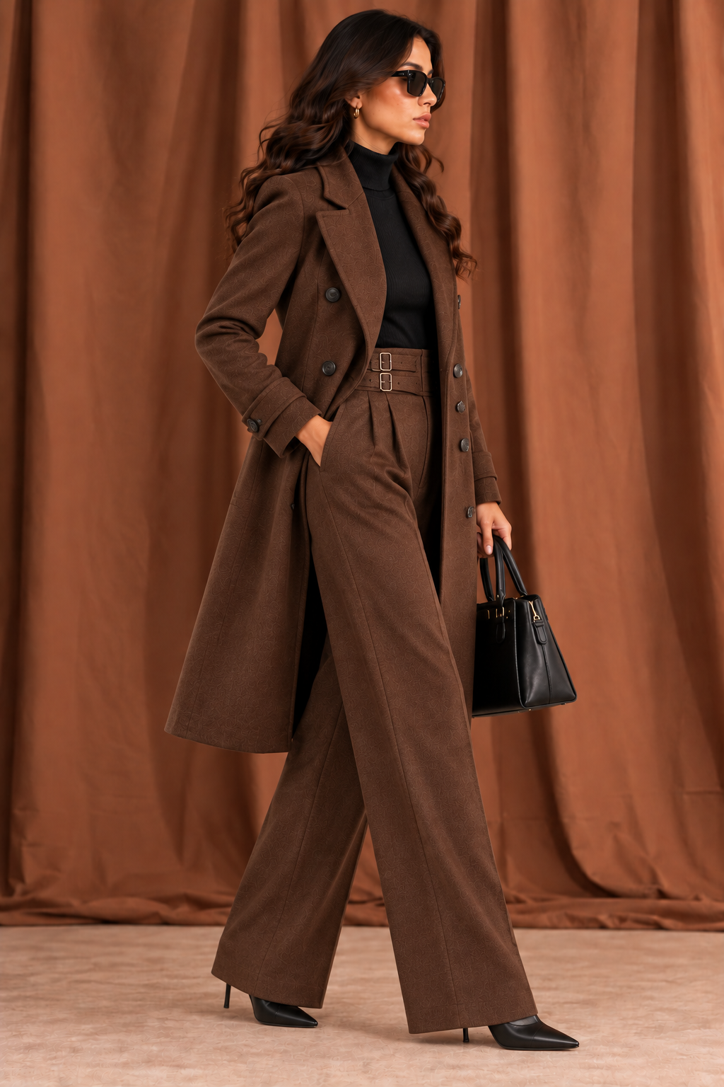 Women's Chocolate Brown Double-Breasted Tailored Long Coat - By FAMINSIDE