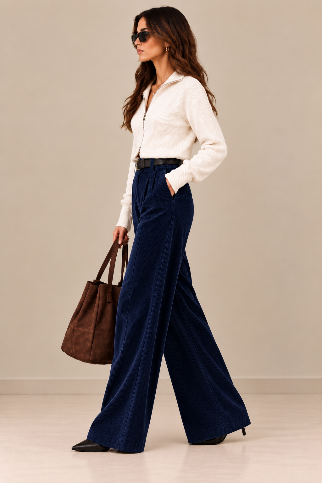 Women's High-Waist Wide-Leg Corduroy Trousers - By FAMINSIDE