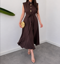 Chocolate Brown Sleeveless Shirt-Collar Belted Maxi Dress By Faminside