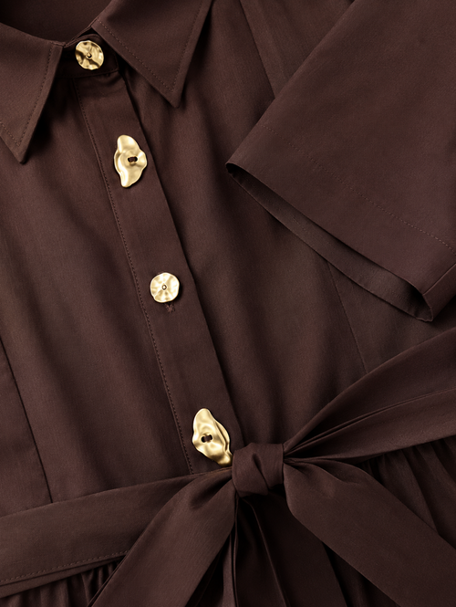 Chocolate Brown Sleeveless Shirt-Collar Belted Maxi Dress By Faminside