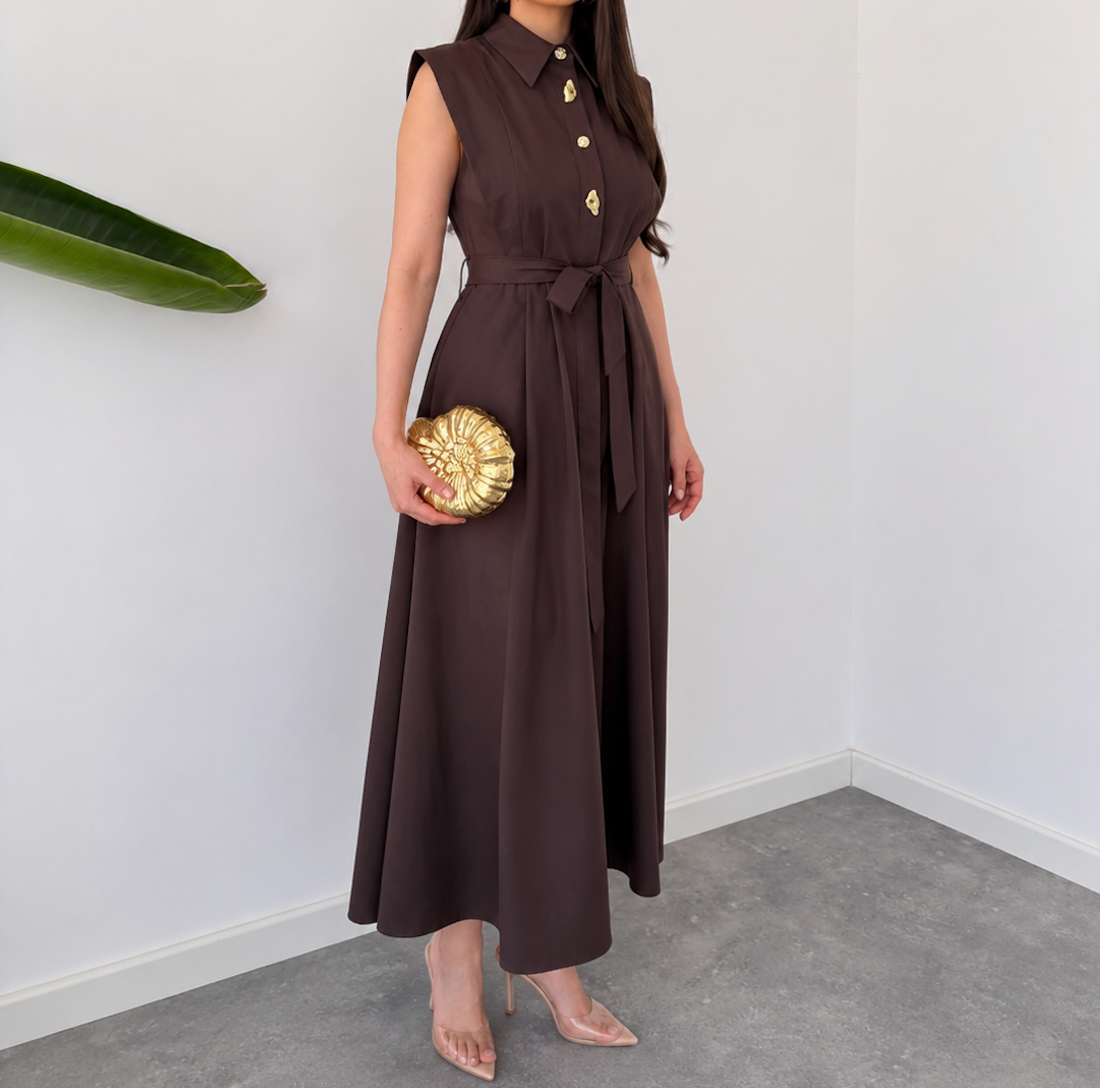Chocolate Brown Sleeveless Shirt-Collar Belted Maxi Dress By Faminside
