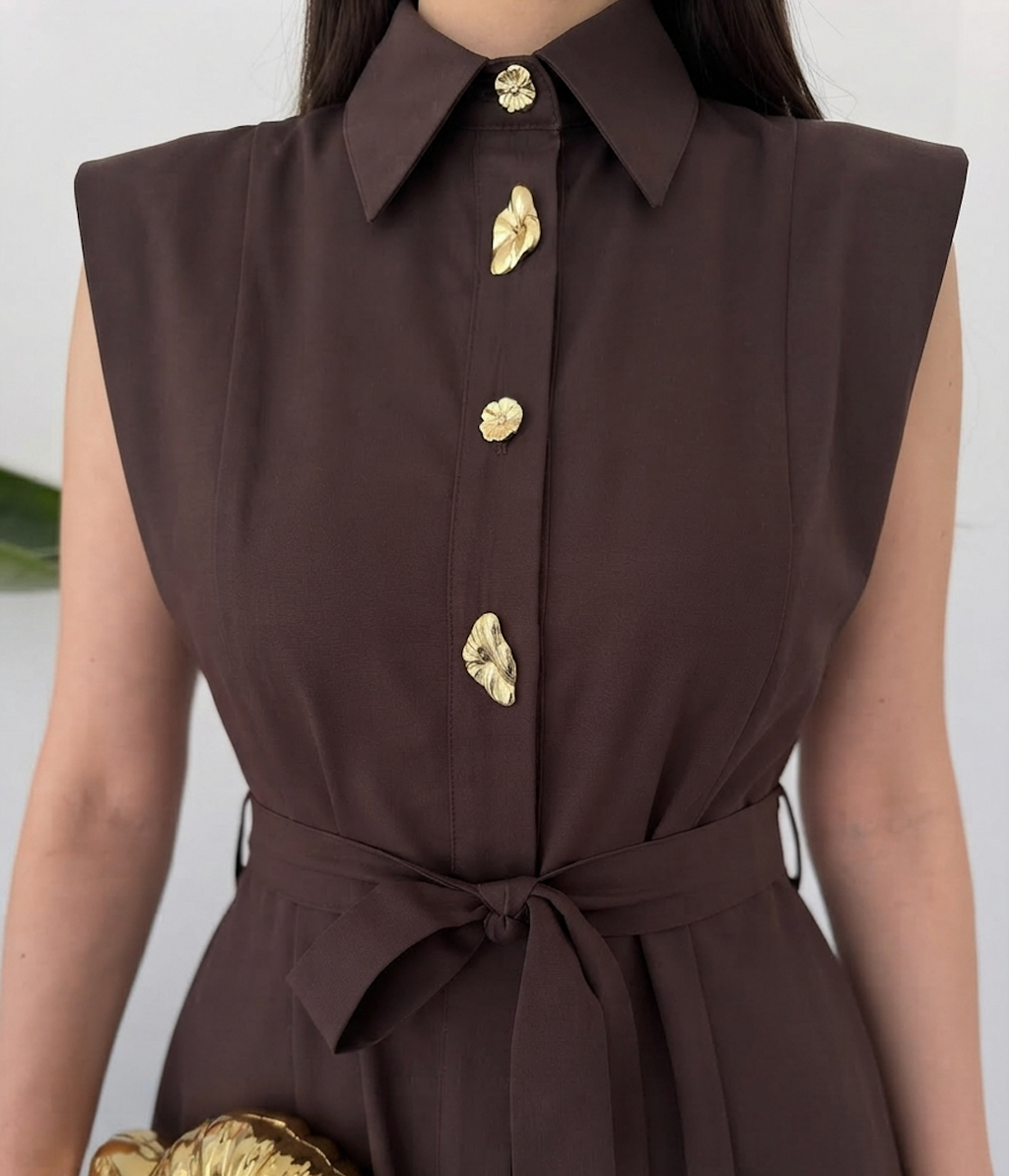 Chocolate Brown Sleeveless Shirt-Collar Belted Maxi Dress By Faminside