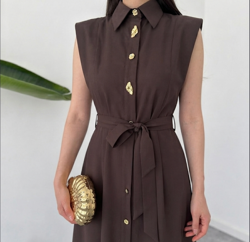 Chocolate Brown Sleeveless Shirt-Collar Belted Maxi Dress By Faminside