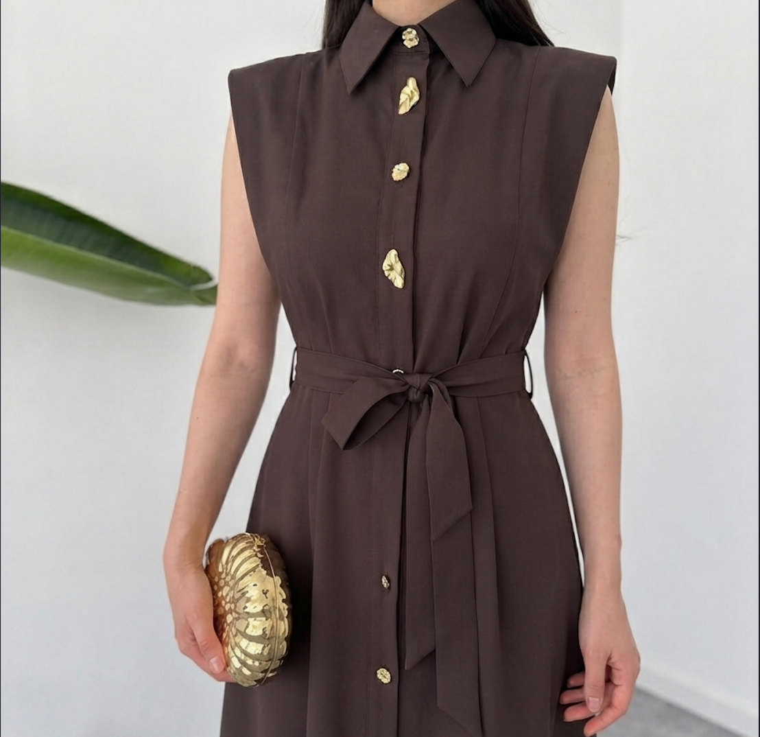 Chocolate Brown Sleeveless Shirt-Collar Belted Maxi Dress By Faminside