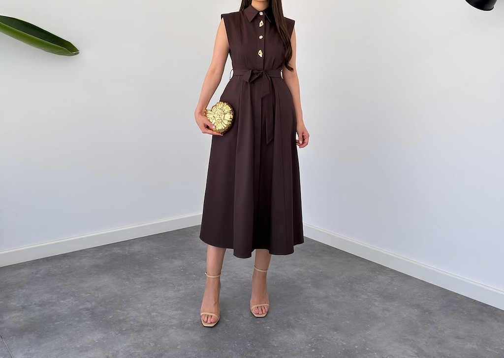 Chocolate Brown Sleeveless Shirt-Collar Belted Maxi Dress By Faminside