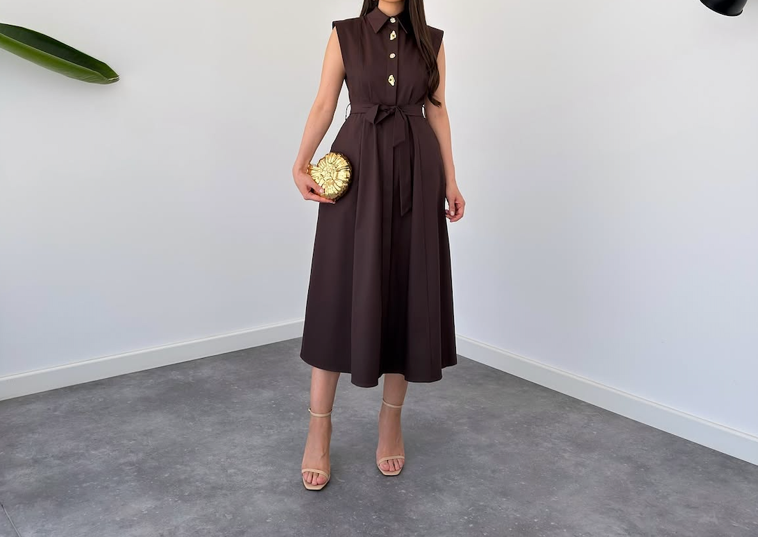 Chocolate Brown Sleeveless Shirt-Collar Belted Maxi Dress By Faminside