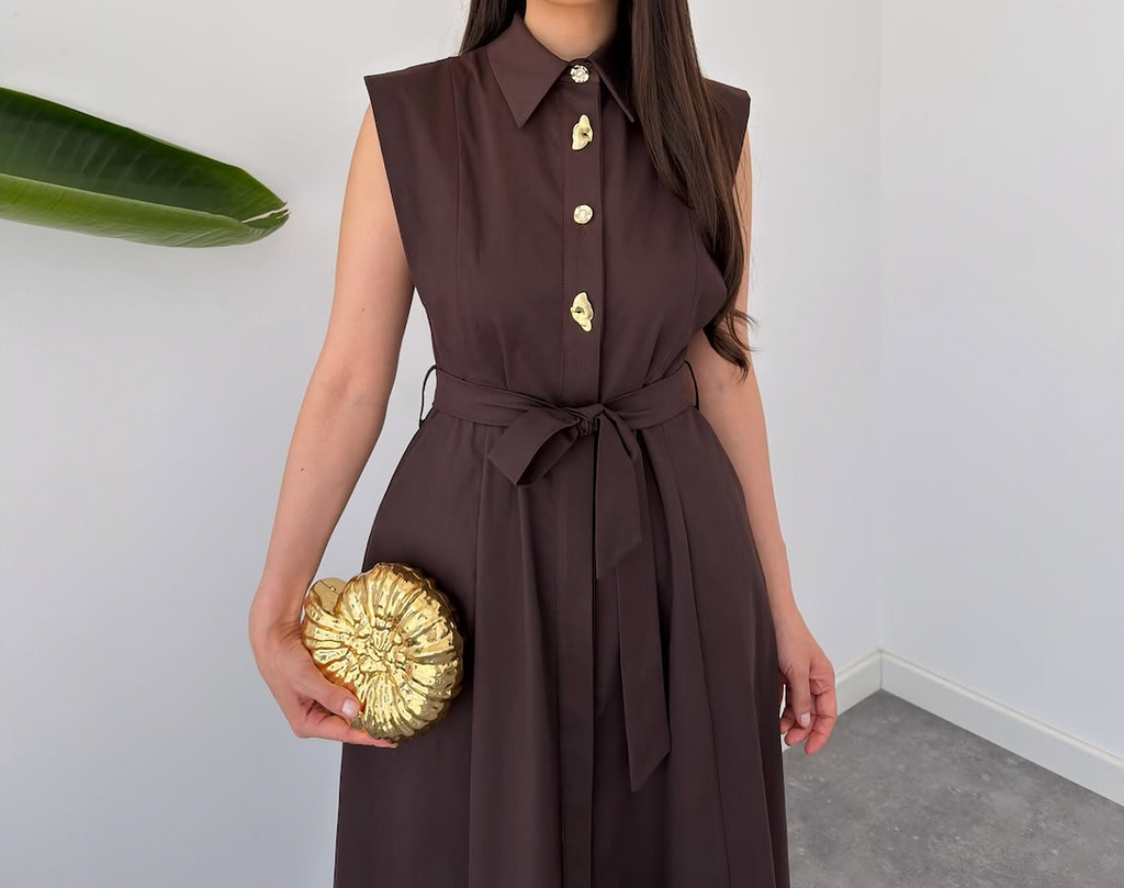Chocolate Brown Sleeveless Shirt-Collar Belted Maxi Dress By Faminside