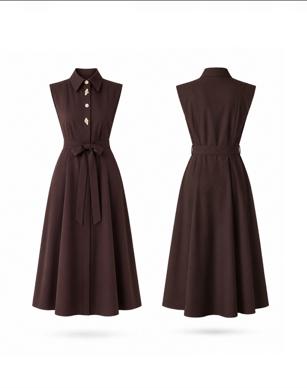 Chocolate Brown Sleeveless Shirt-Collar Belted Maxi Dress By Faminside