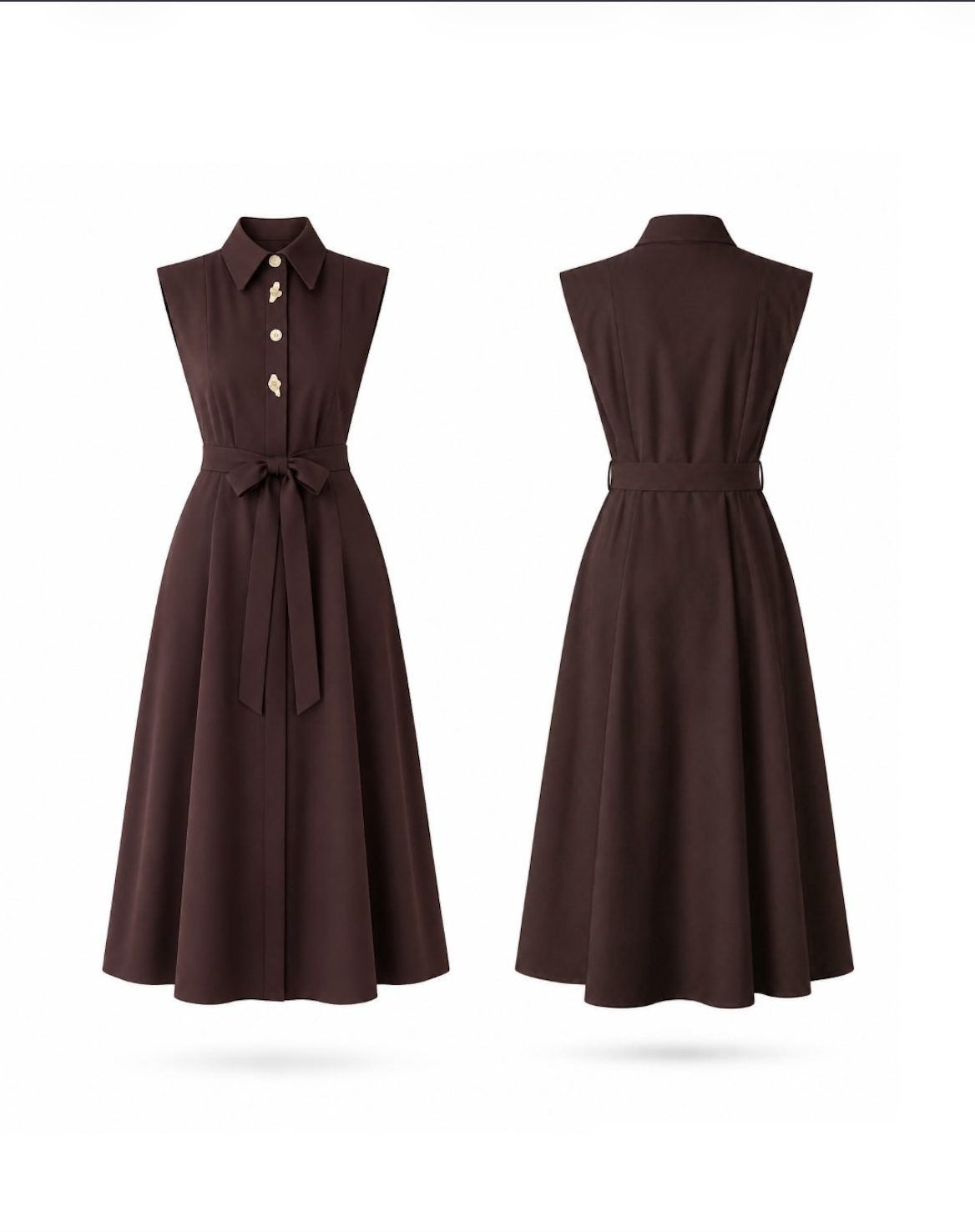 Chocolate Brown Sleeveless Shirt-Collar Belted Maxi Dress By Faminside