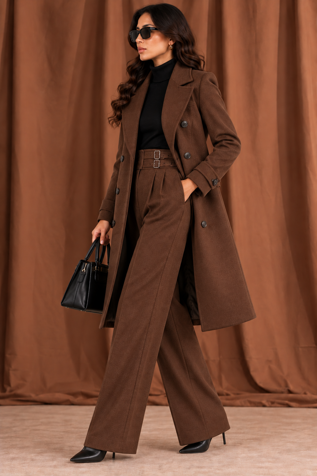 Women's Chocolate Brown Double-Breasted Tailored Long Coat - By FAMINSIDE
