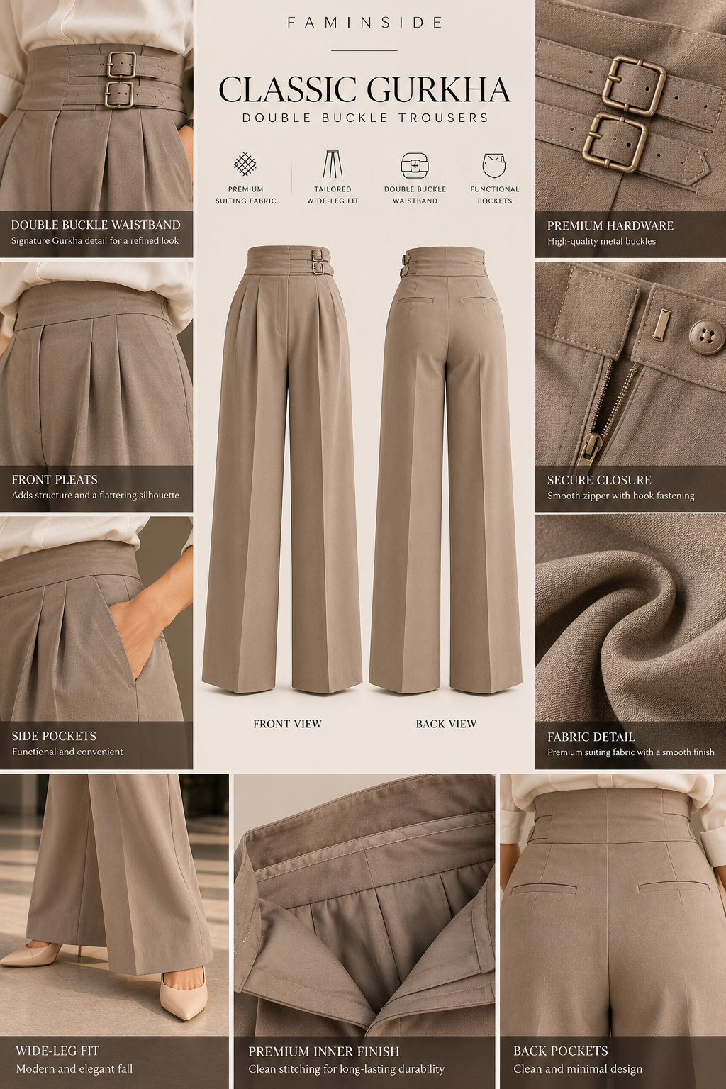 Women's Taupe Classic Double-Buckle Gurkha Wide-Leg Trousers - By FAMINSIDE
