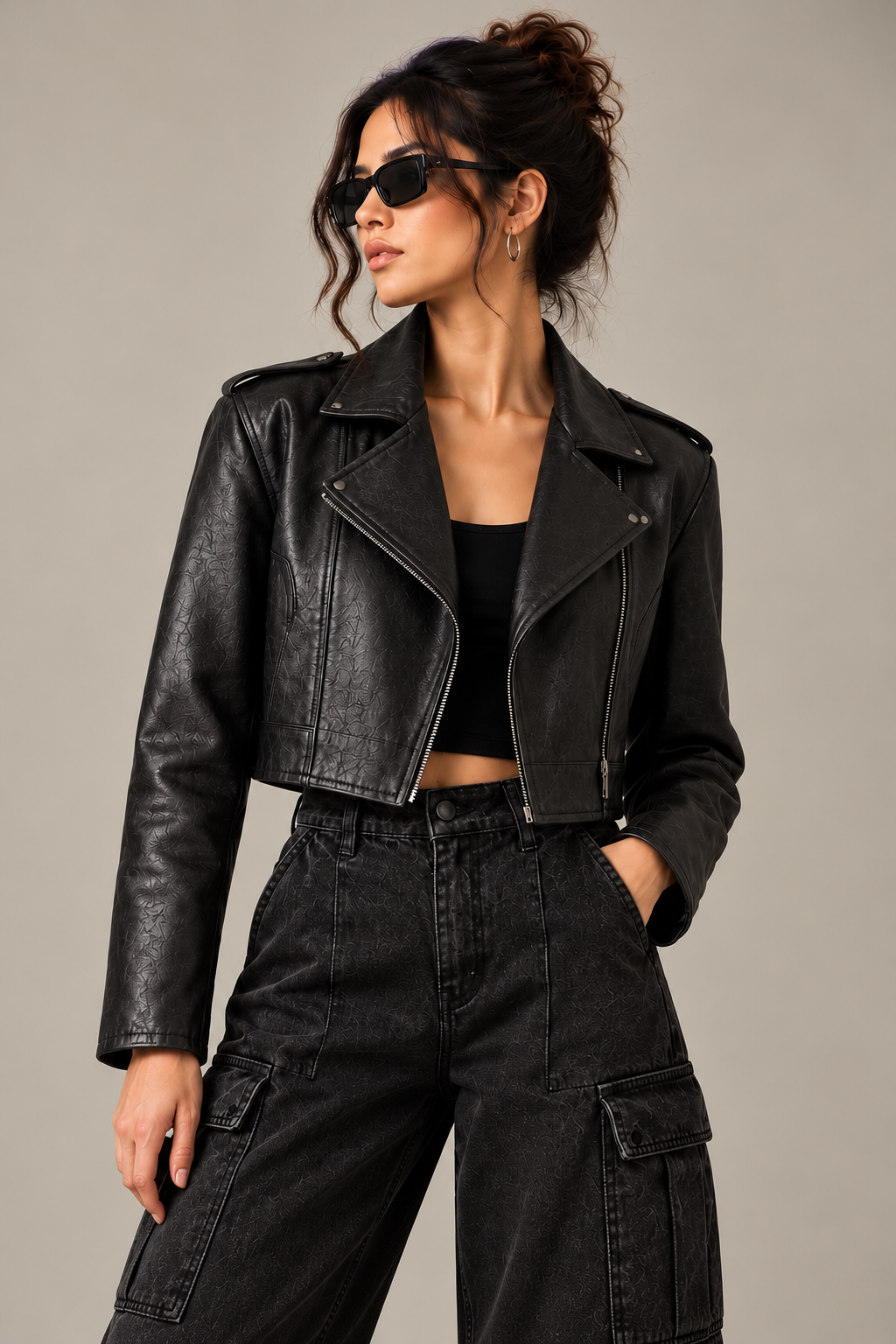 Women's Black Textured Cropped Leather Biker Jacket - By FAMINSIDE ( Limited Edition )