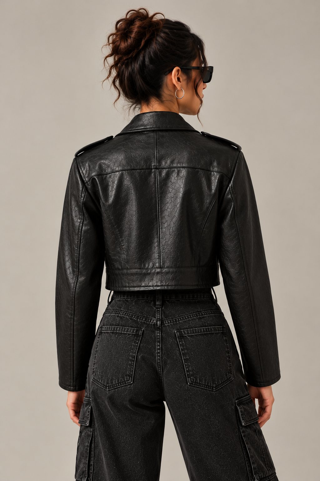 Women's Black Textured Cropped Leather Biker Jacket - By FAMINSIDE ( Limited Edition )