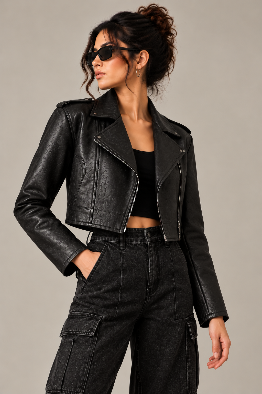 Women's Black Textured Cropped Leather Biker Jacket - By FAMINSIDE ( Limited Edition )