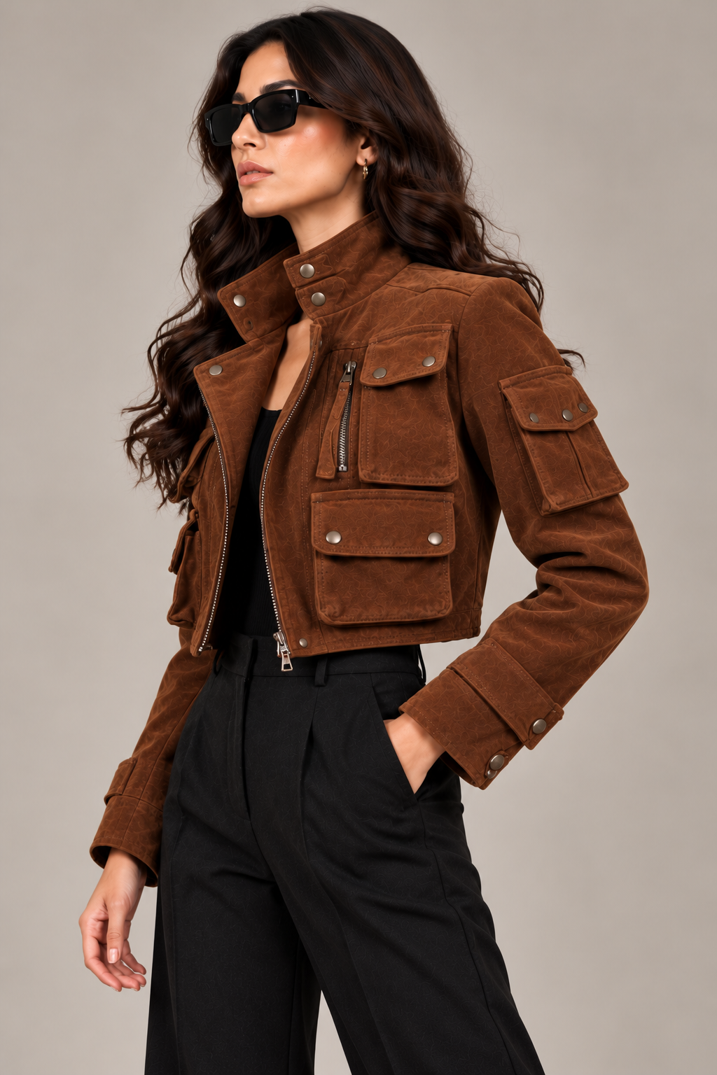Faminside Brown Suede-Finish Multi-Pocket Utility Jacket - ( Limited Edition )