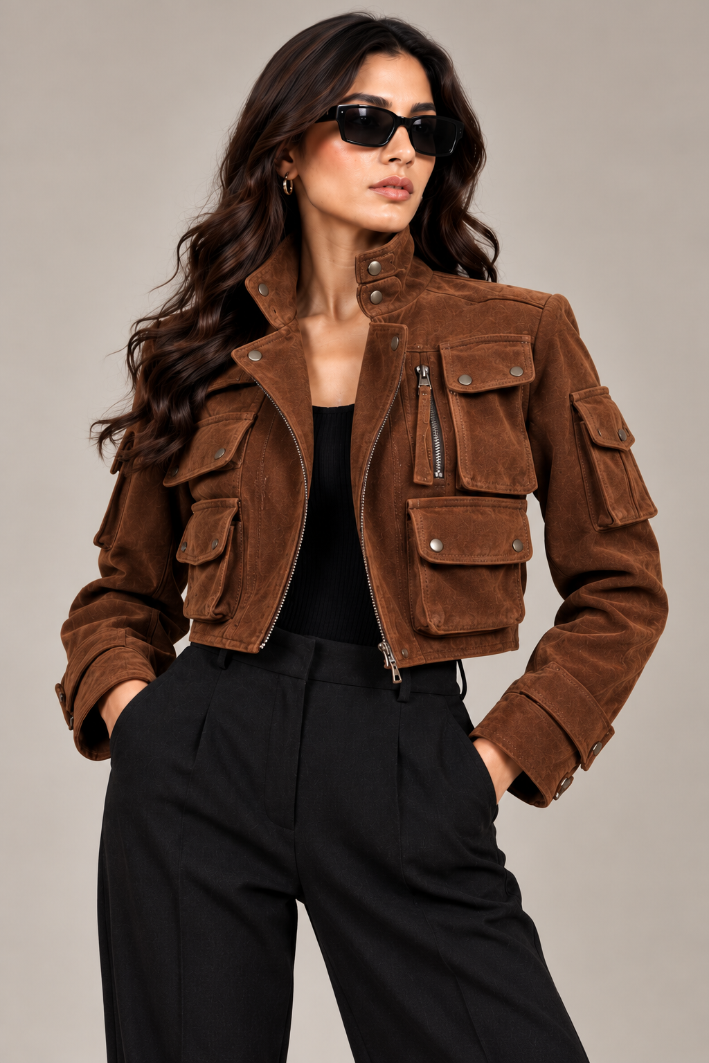 Faminside Brown Suede-Finish Multi-Pocket Utility Jacket - ( Limited Edition )