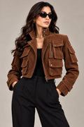 Faminside Brown Suede-Finish Multi-Pocket Utility Jacket - ( Limited Edition )
