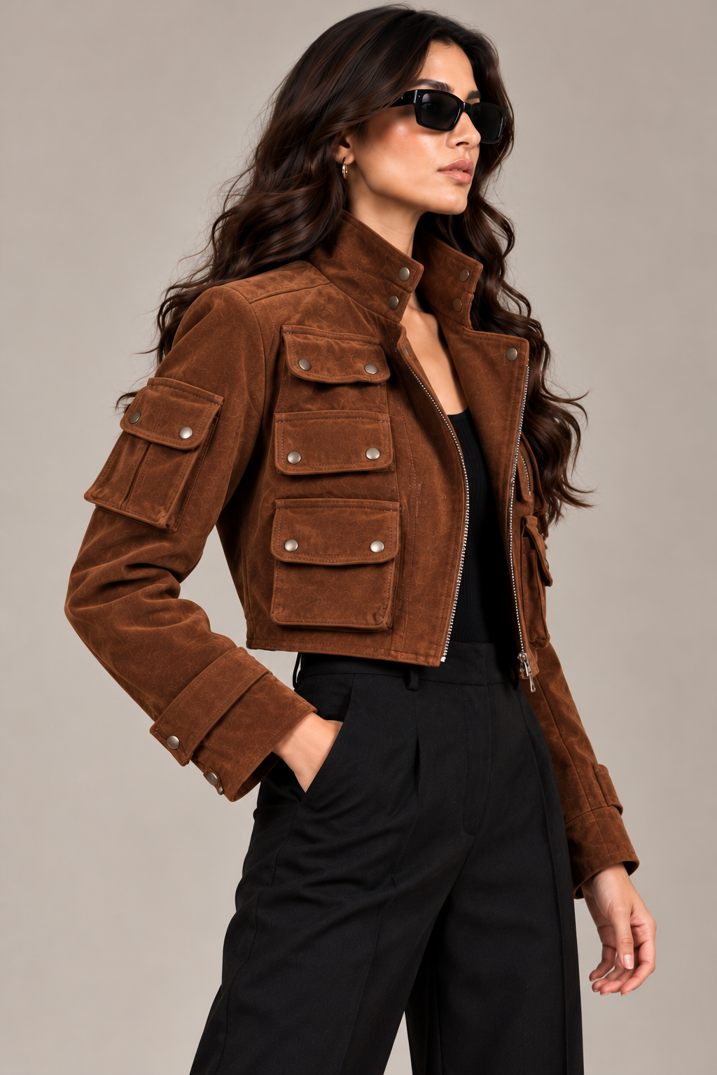 Faminside Brown Suede-Finish Multi-Pocket Utility Jacket - ( Limited Edition )