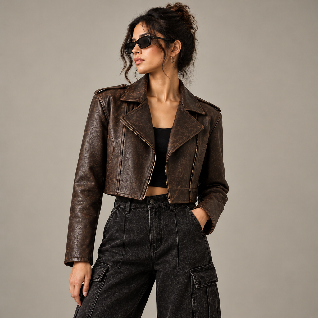 Women's Brown Textured Cropped Leather Biker Jacket - By FAMINSIDE ( Limited Edition )