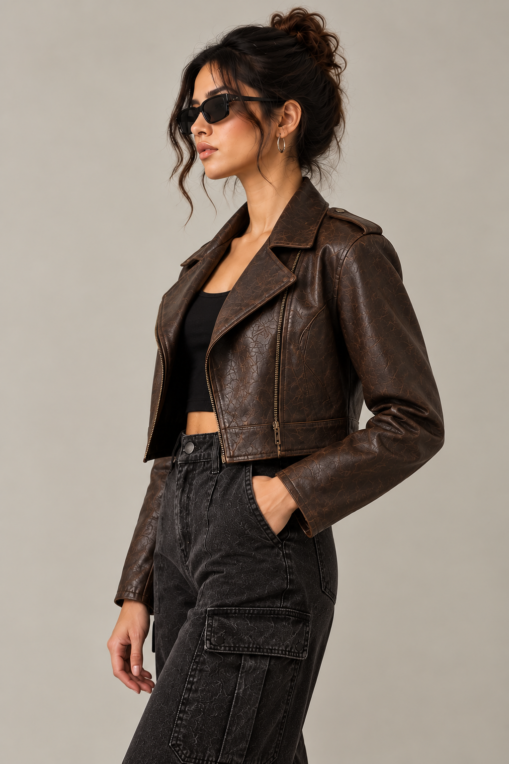 Women's Brown Textured Cropped Leather Biker Jacket - By FAMINSIDE ( Limited Edition )
