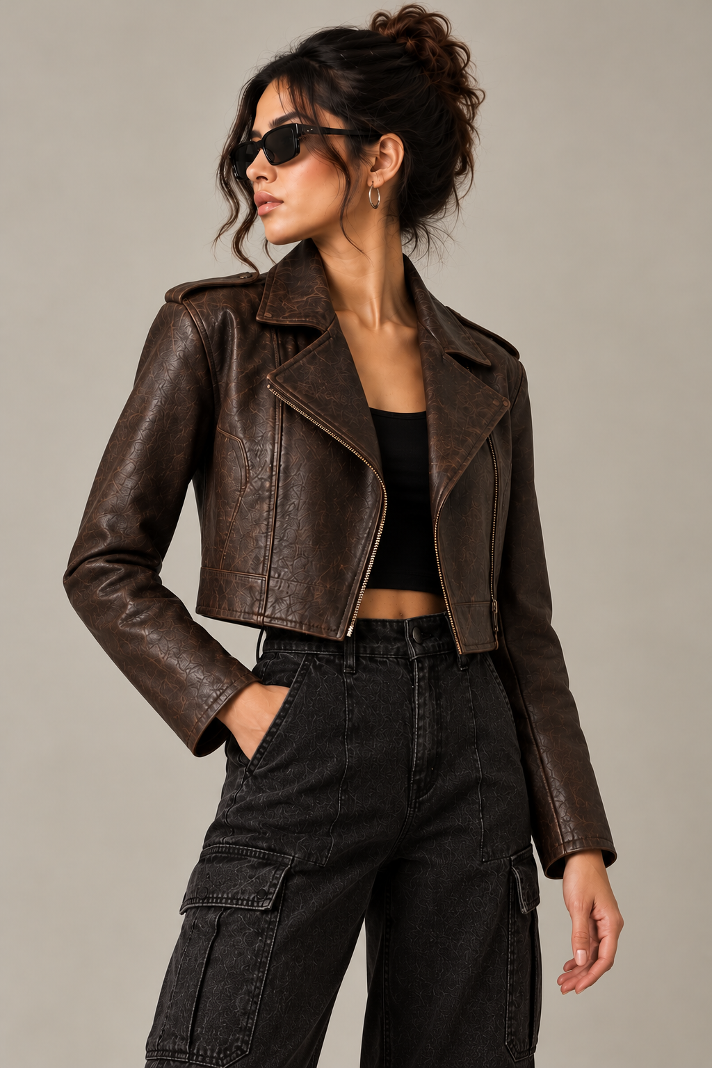 Women's Brown Textured Cropped Leather Biker Jacket - By FAMINSIDE ( Limited Edition )