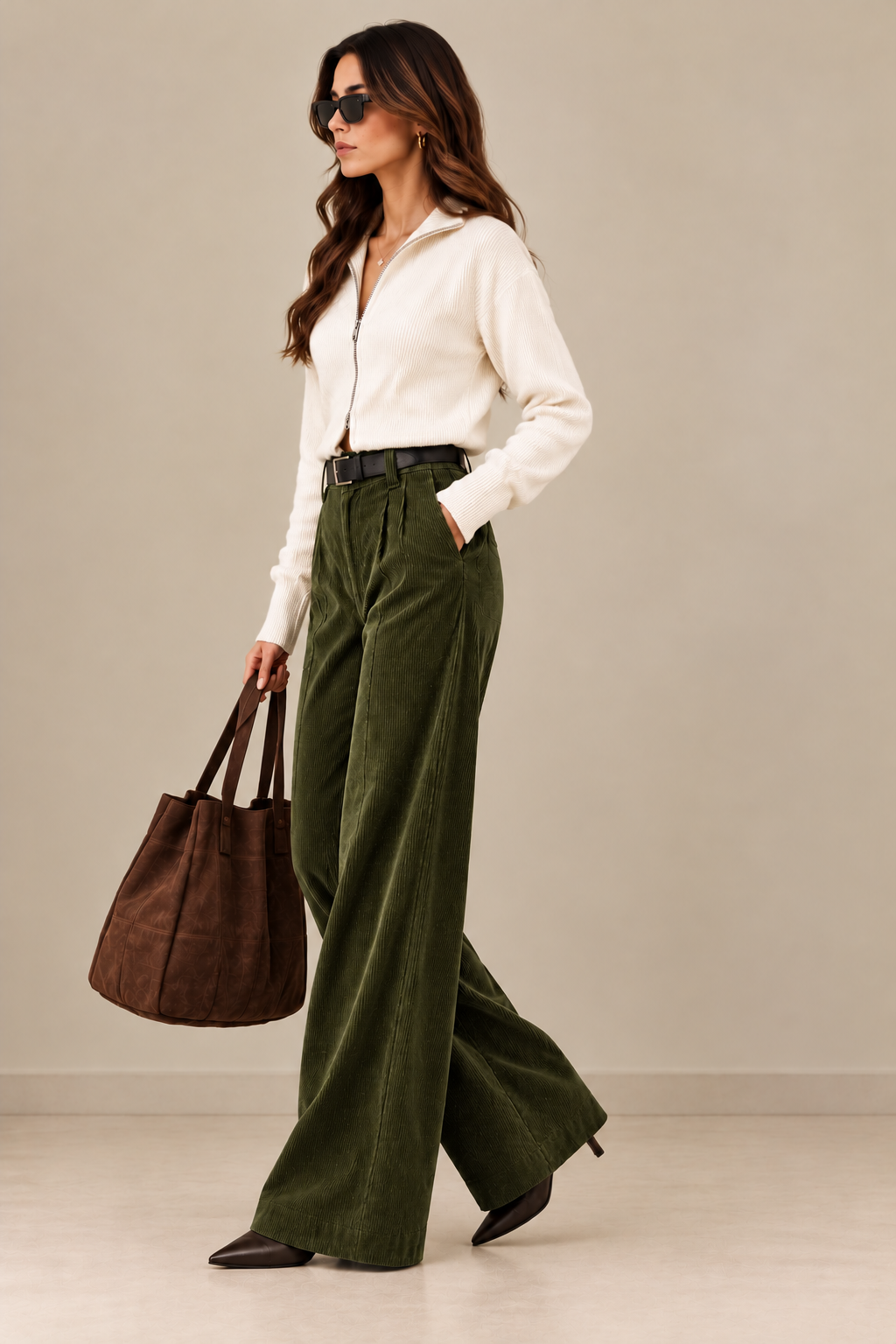 Women's High-Waist Wide-Leg Corduroy Trousers - By FAMINSIDE