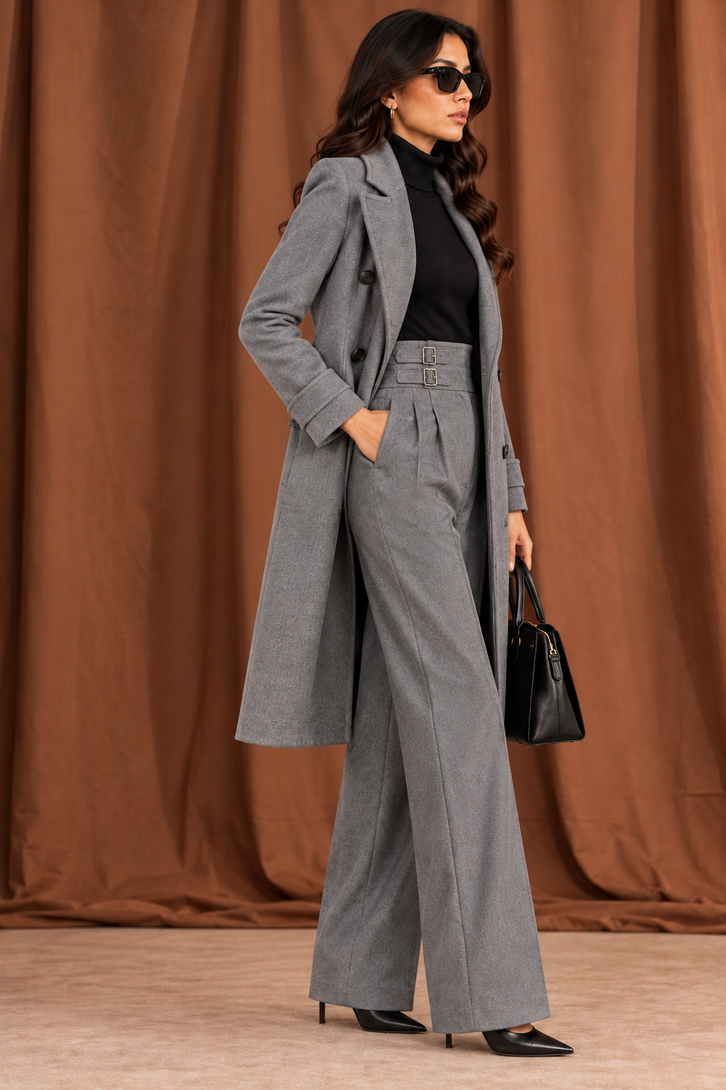 Women's Ash Grey Double-Breasted Tailored Long Coat - By FAMINSIDE