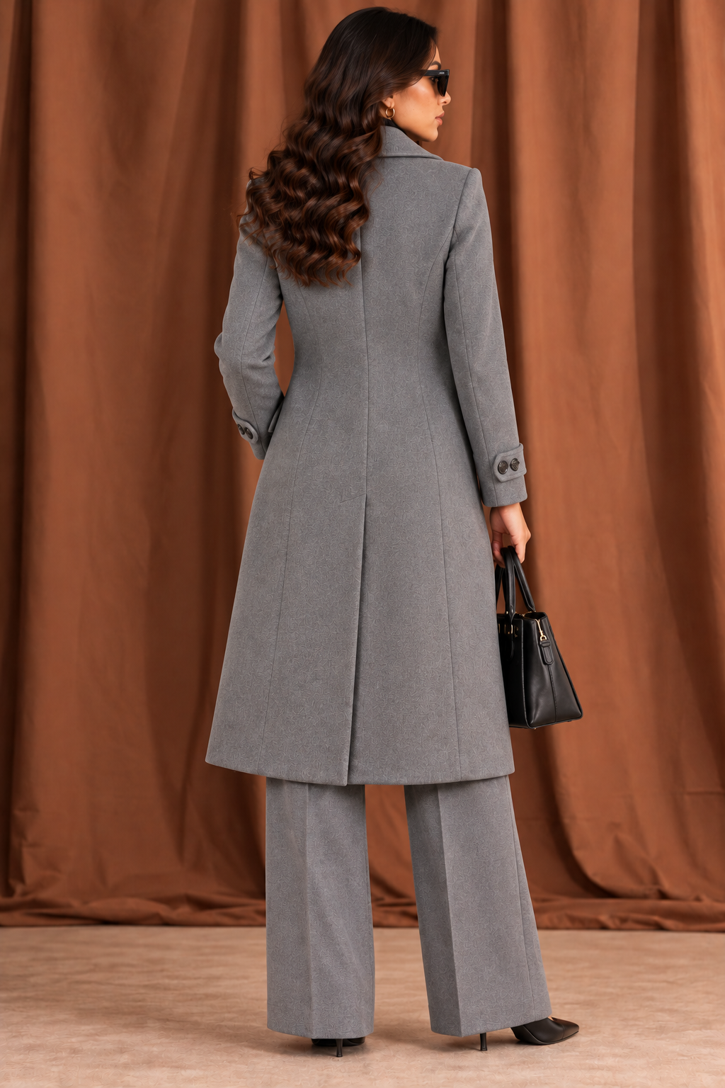 Women's Ash Grey Double-Breasted Tailored Long Coat - By FAMINSIDE