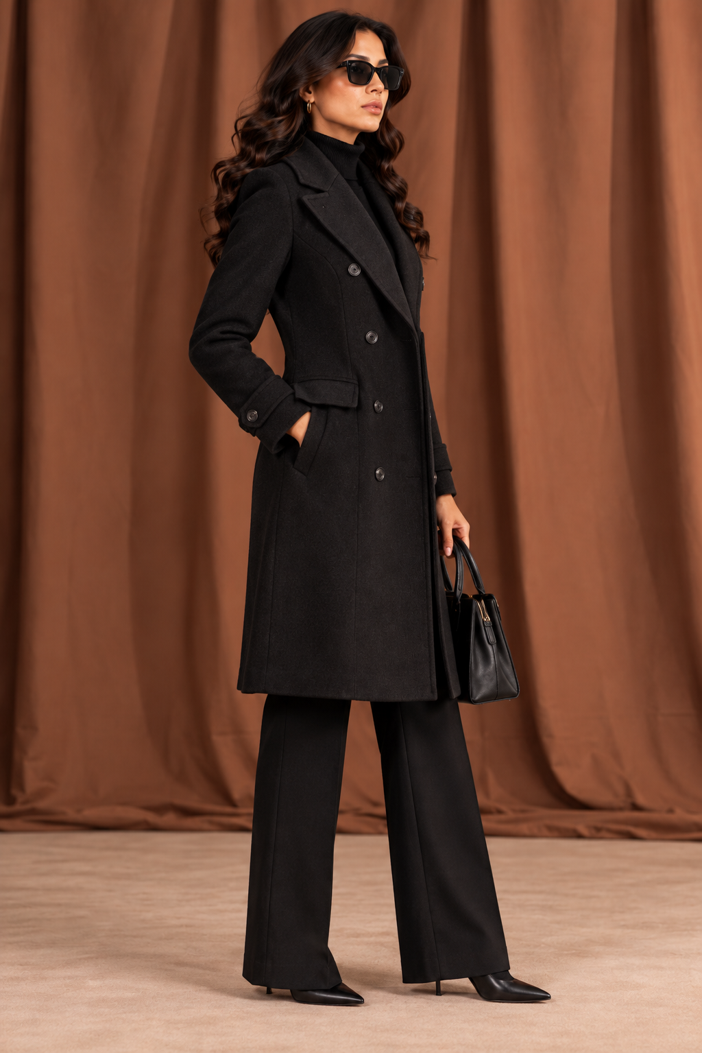 Women's Faminside Black Double-Breasted Wool-Blend Overcoat