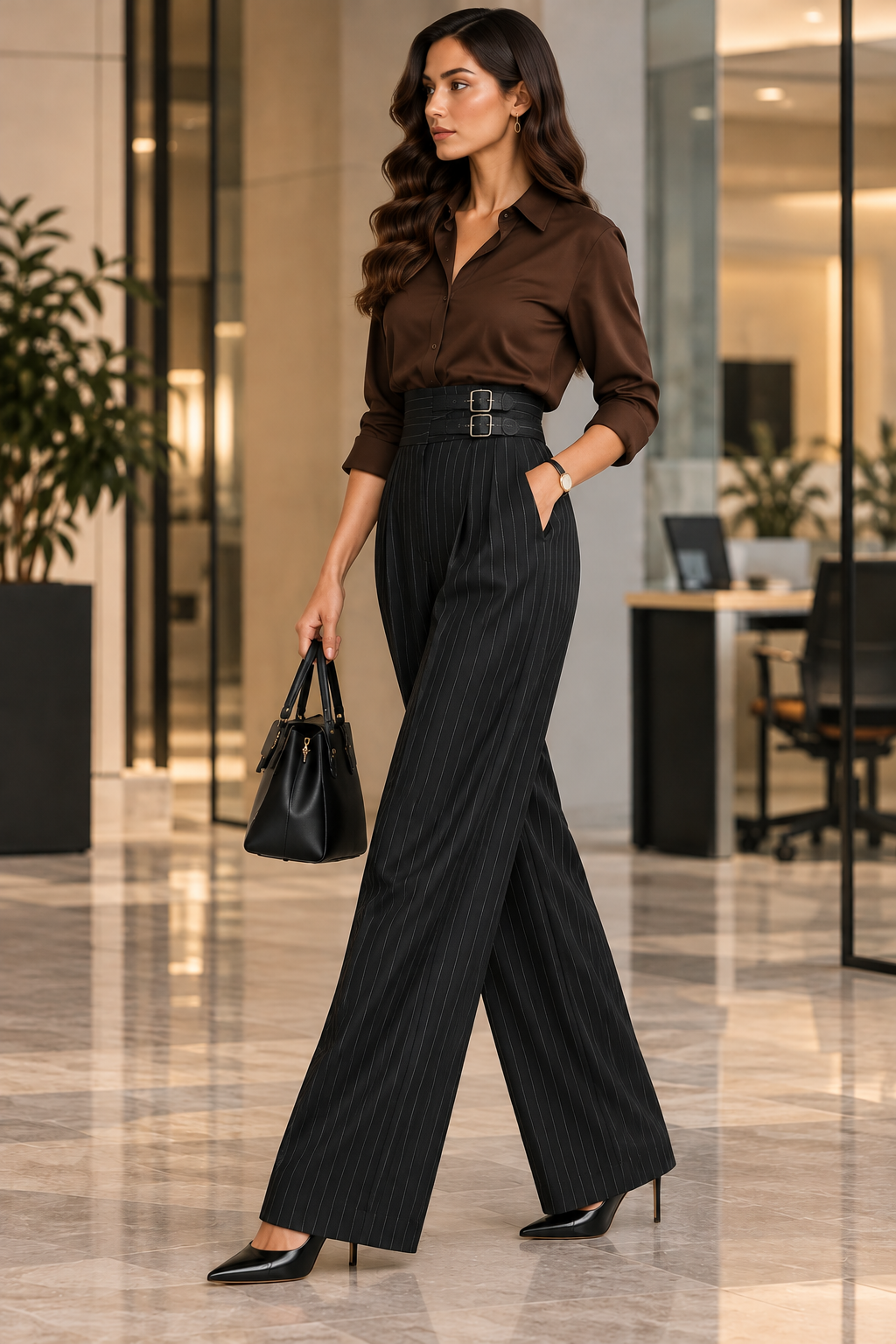 Women's Black Pinstripe Double-Buckle Gurkha Wide-Leg Trousers - By FAMINSIDE