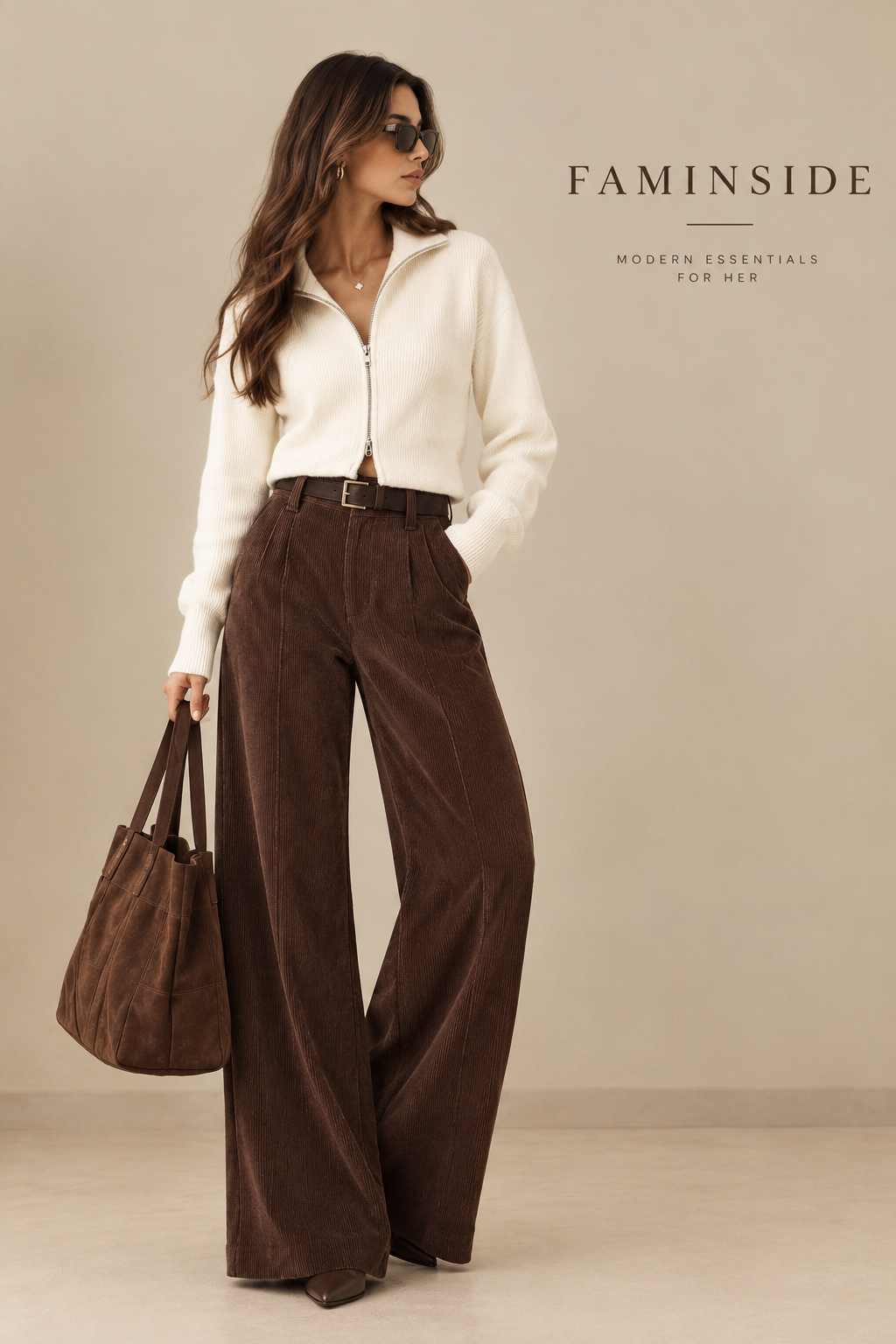 Women's High-Waist Wide-Leg Corduroy Trousers - By FAMINSIDE