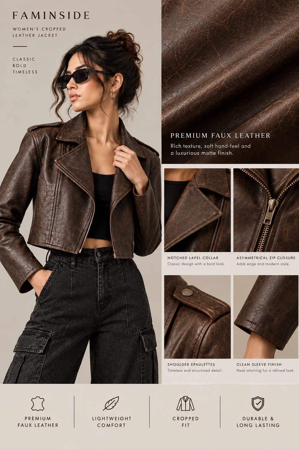 Women's Brown Textured Cropped Leather Biker Jacket - By FAMINSIDE ( Limited Edition )
