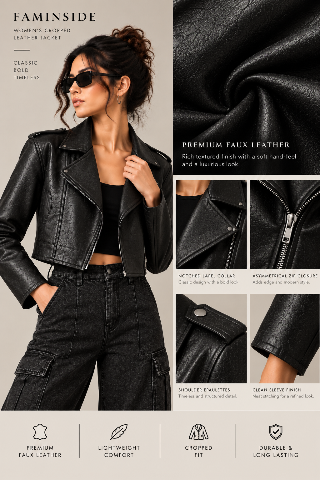 Women's Black Textured Cropped Leather Biker Jacket - By FAMINSIDE ( Limited Edition )
