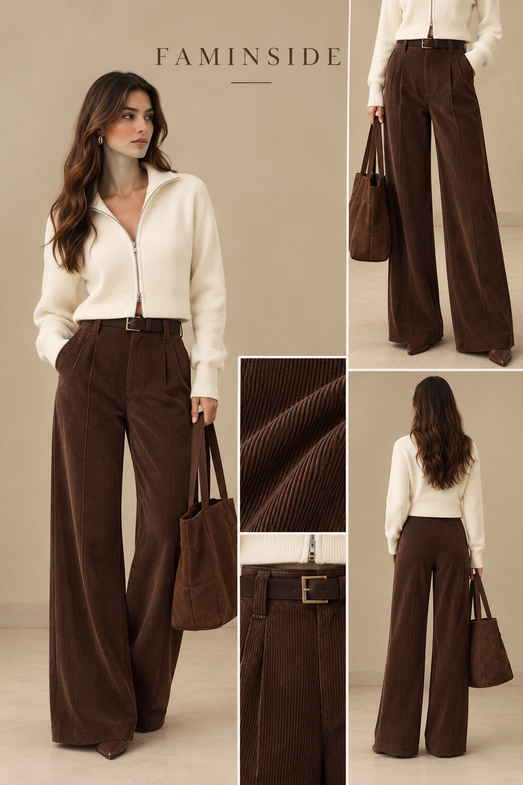 Women's High-Waist Wide-Leg Corduroy Trousers - By FAMINSIDE