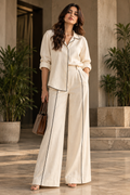Faminside Ivory Contrast-Piped Linen Co-Ord Set