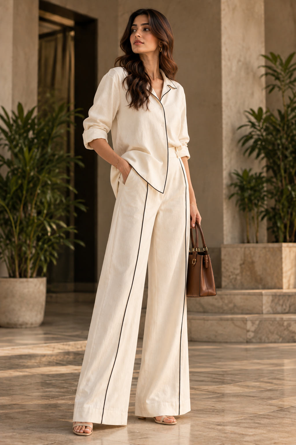 Faminside Ivory Contrast-Piped Linen Co-Ord Set